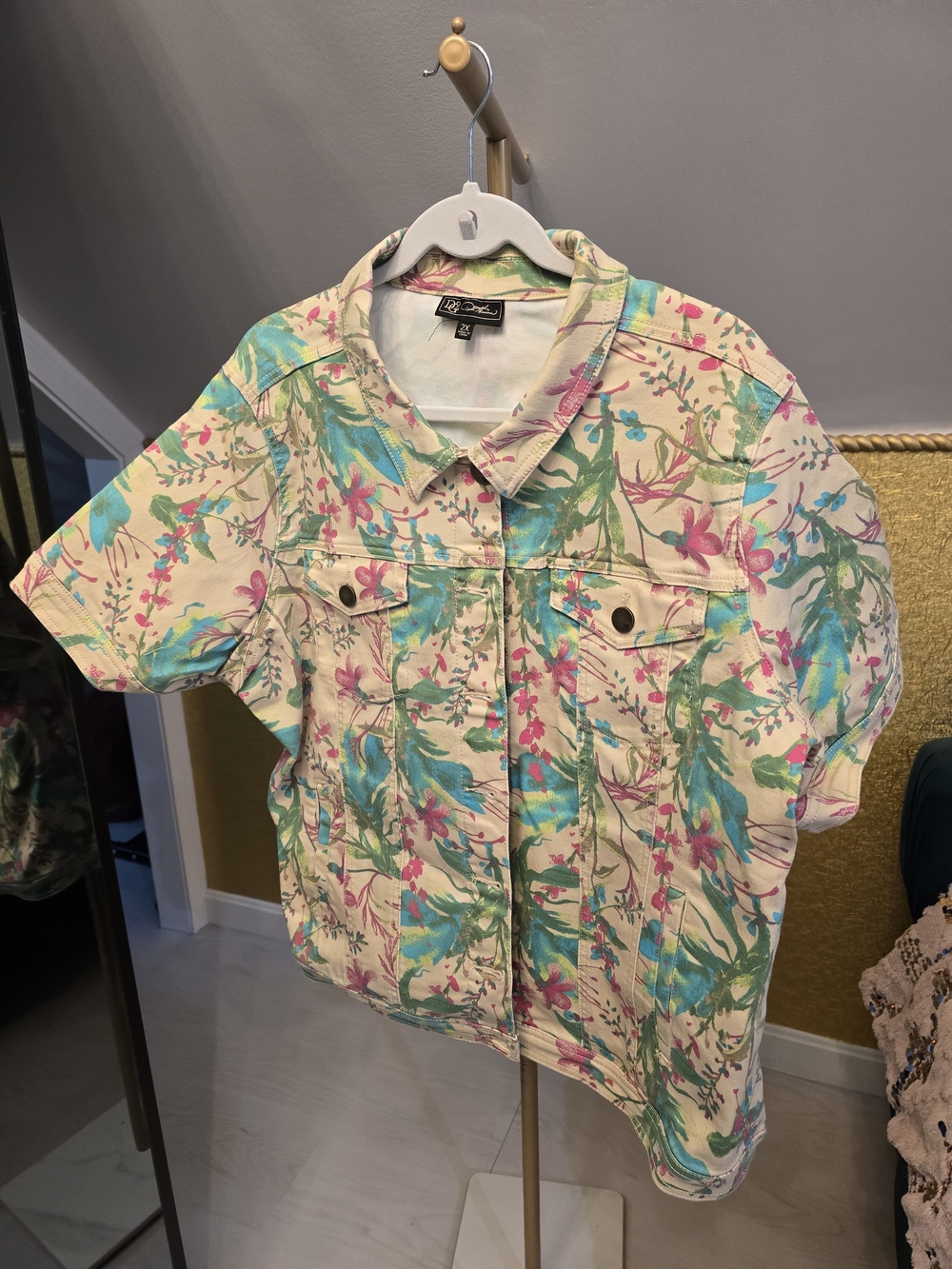 DG2 by Diane Gilman Cream Floral Jean Jacket with Teal & Pink Accents
